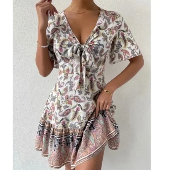 Boho navy Floral Paisley Print Butterfly Sleeve Mini Dress - Picture 11 of 12